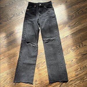 Zara Black Straight Leg Jeans with Distressed Details. Size 4.